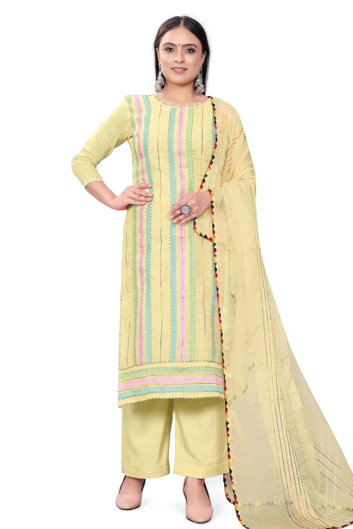 Yellow Colour Unstitched Chanderi Cotton Plazzo Pant Suit US1160683
