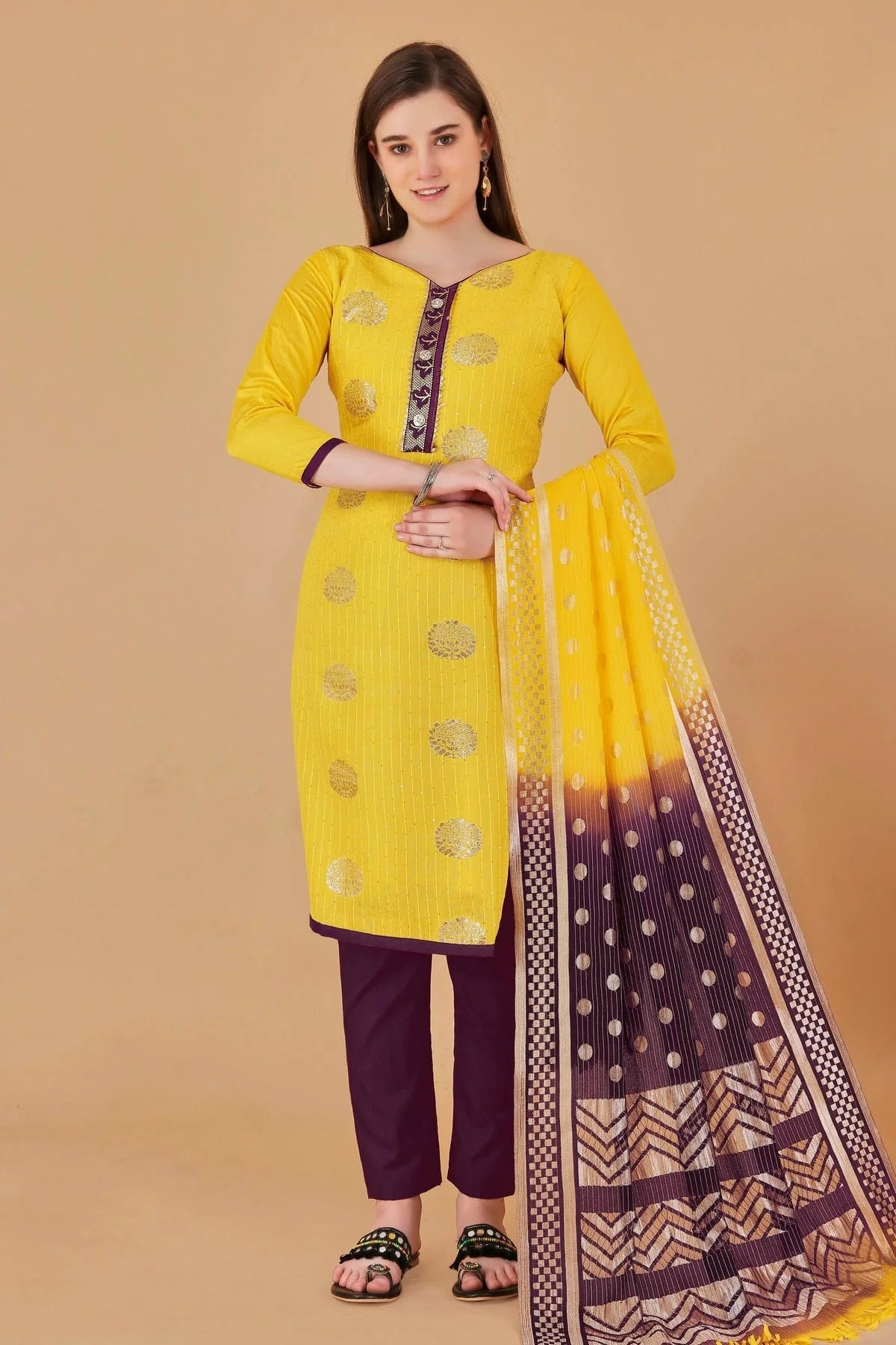 Yellow Colour Unstitched Cotton Jacquard Straight Suit US1160886