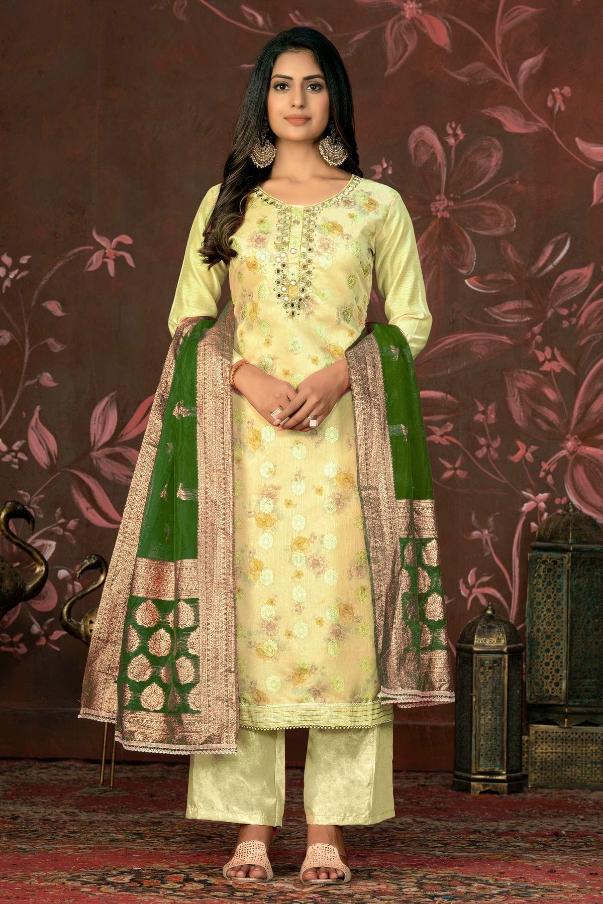 Yellow Colour Unstitched Cotton Jacquard Straight Suit US1161273