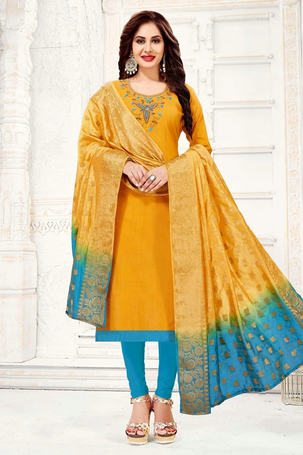 Yellow Colour Unstitched Cotton South Slub Churidar Suit US1161103