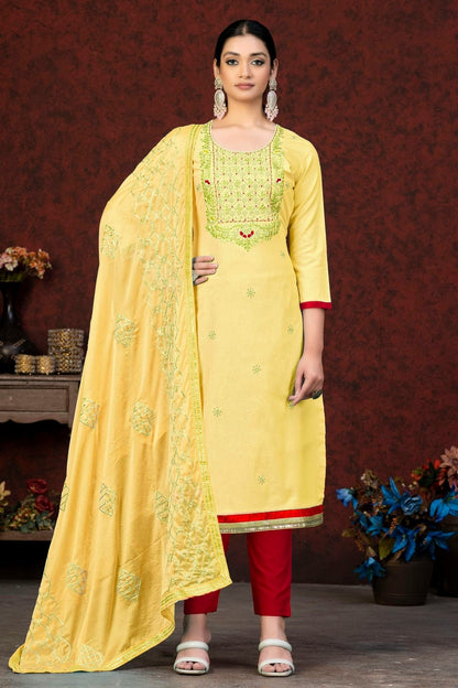 Yellow Colour Unstitched Glass Cotton Fabric Straight Suit US1160893