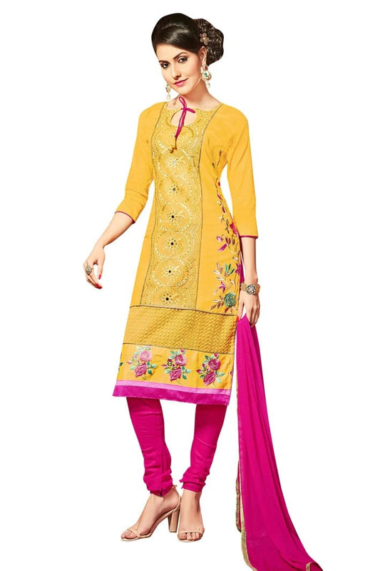 Yellow Colour Unstitched Glaze Cotton Churidar Suit US1161157