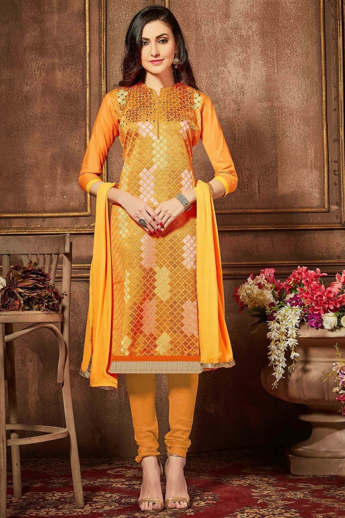 Yellow Colour Unstitched Glaze Cotton Churidar Suit US1161184