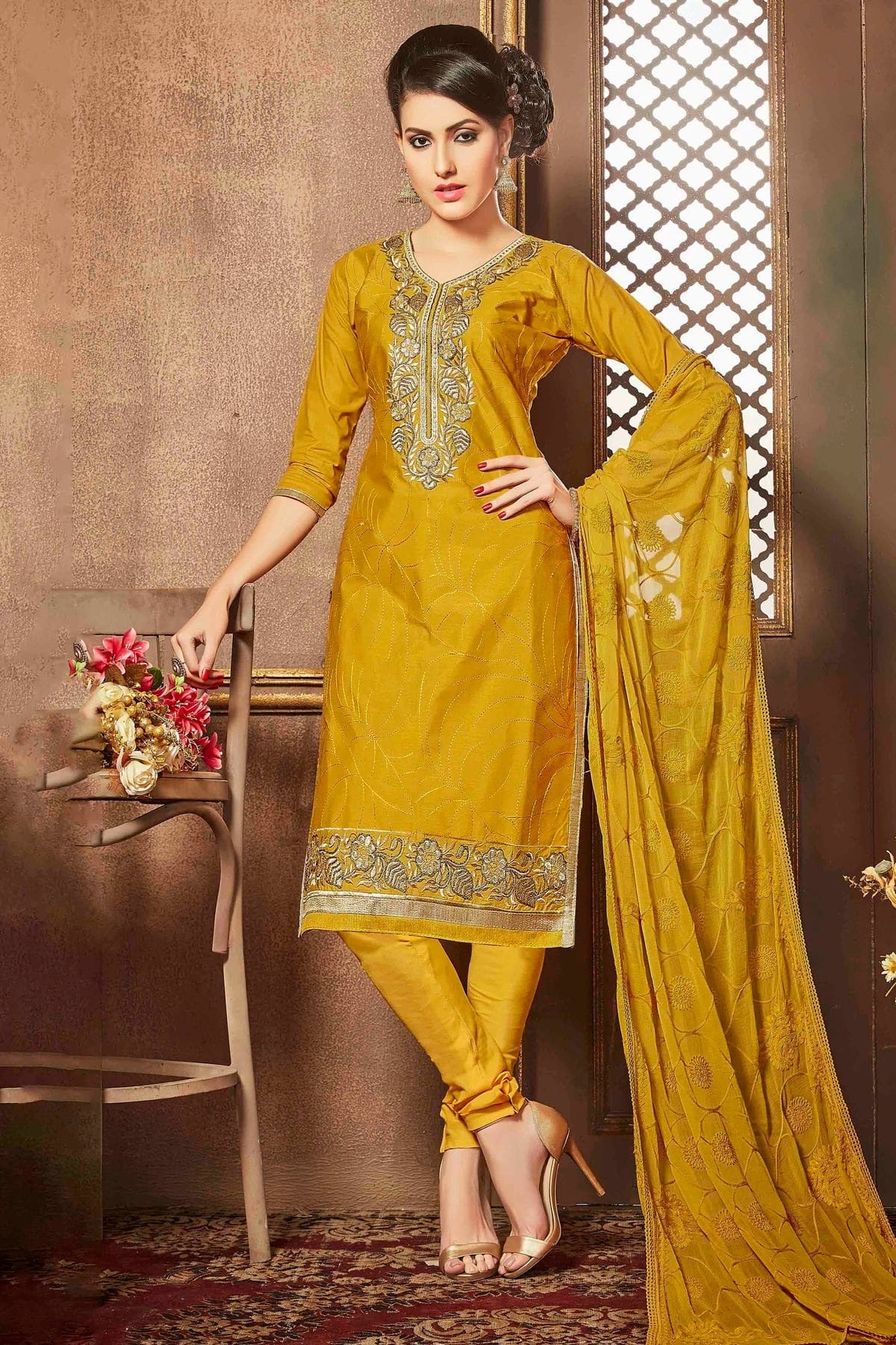 Yellow Colour Unstitched Glaze Cotton Churidar Suit US1161187