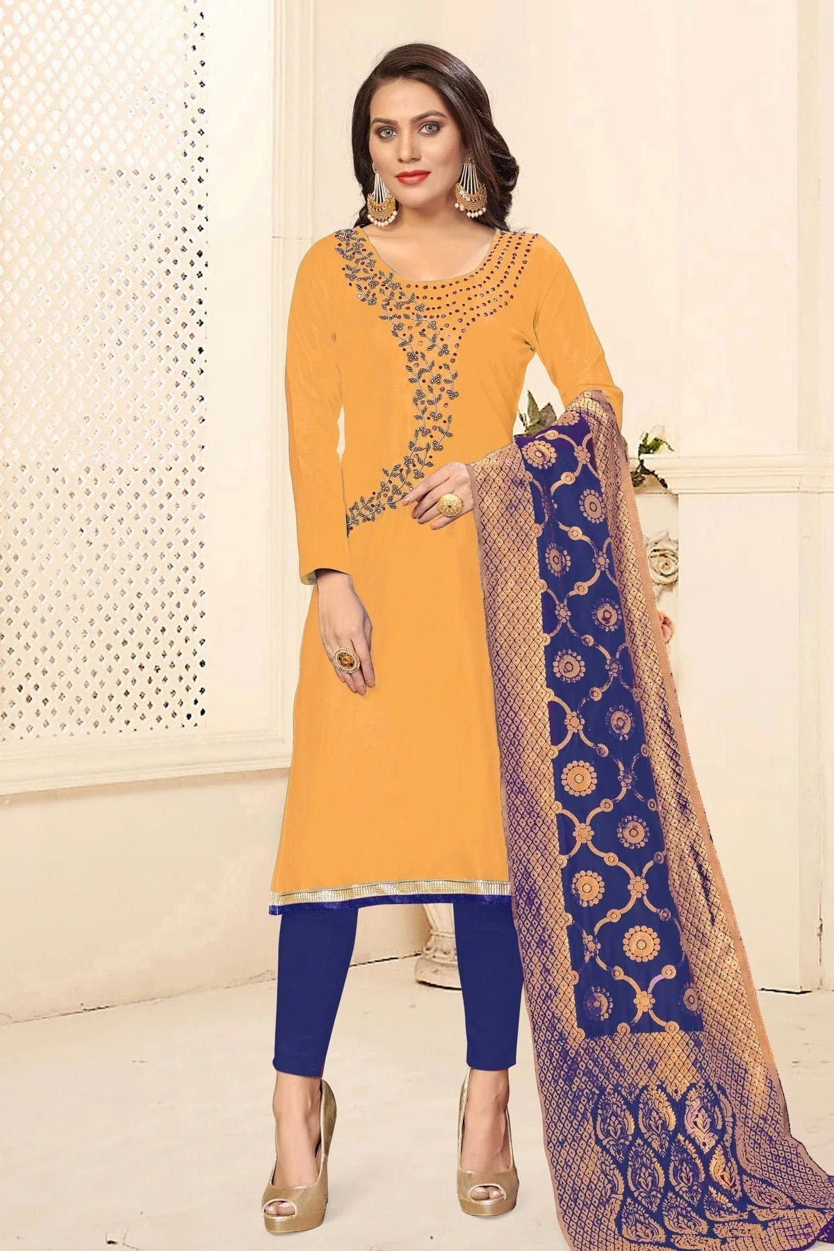 Yellow Colour Unstitched Jaam Cotton Fabric Straight Suit US1160909