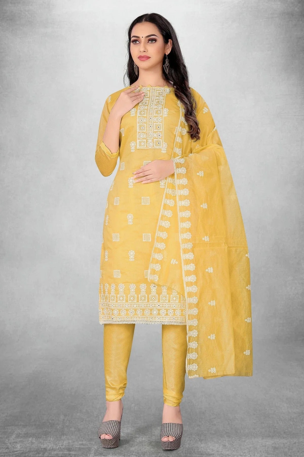 Yellow Colour Unstitched Modal Chanderi Churidar Suit US1160829