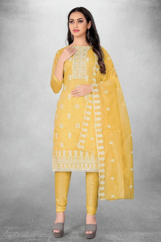 Yellow Colour Unstitched Modal Chanderi Churidar Suit US1160829