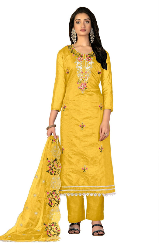 Yellow Colour Unstitched Modal Chanderi Fabric Straight Suit US1160981