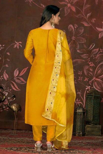 Yellow Colour Unstitched Modal Cotton Jacquard Pant Style Suit US1161277 A