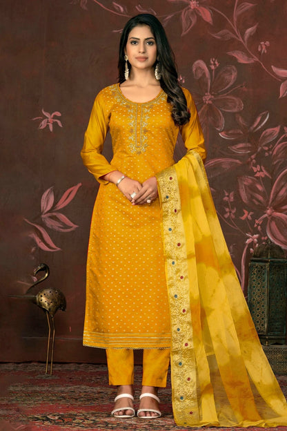 Yellow Colour Unstitched Modal Cotton Jacquard Pant Style Suit US1161277