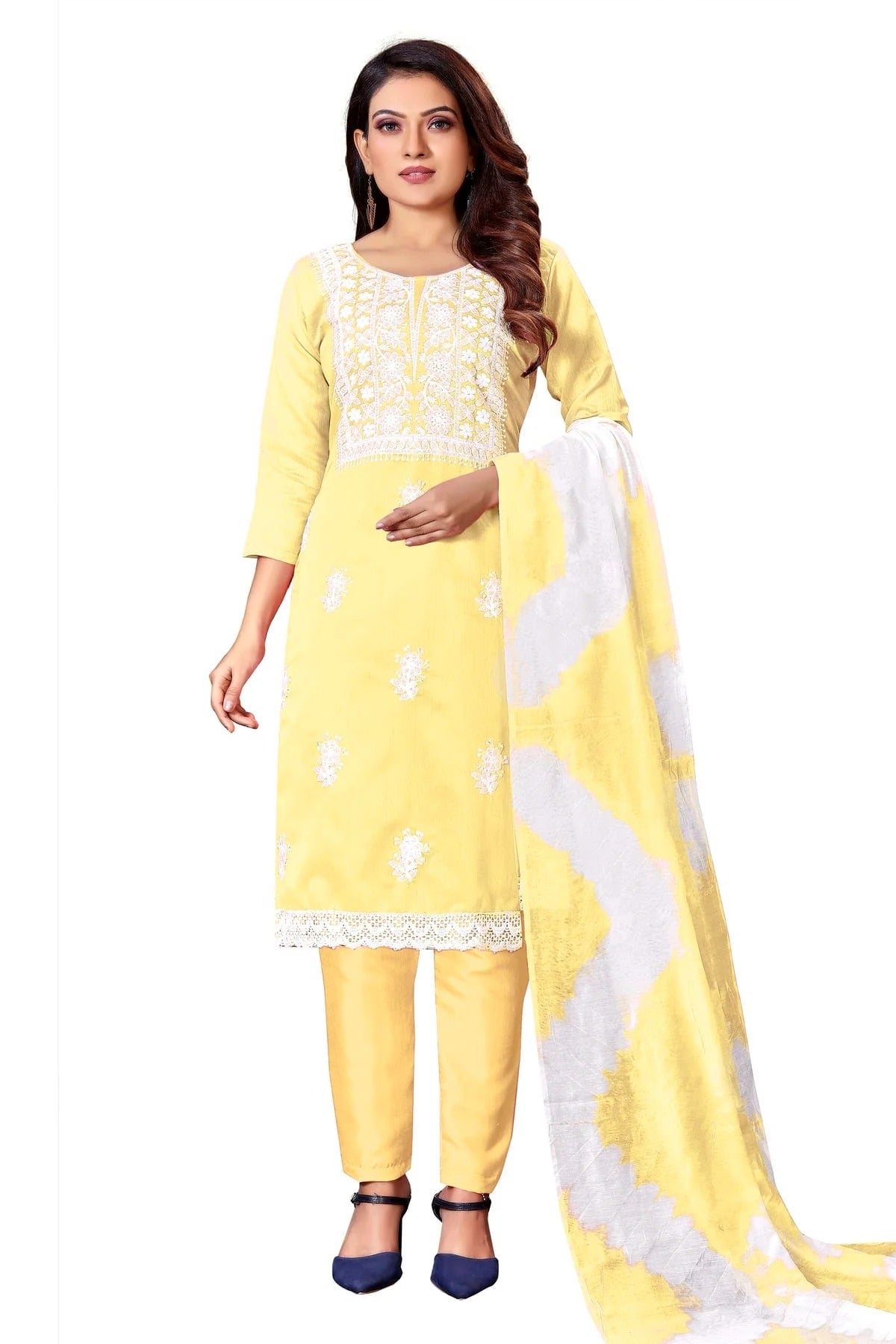 Yellow Colour Unstitched Modal Cotton Straight Suit US1160652