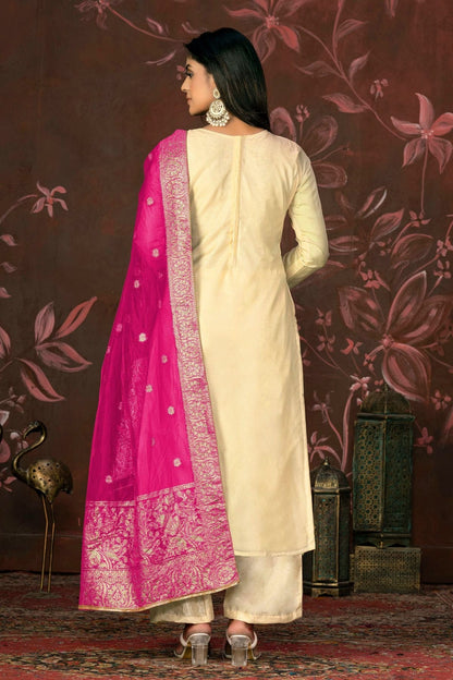 Yellow Colour Unstitched Organza Jacquard Straight Suit US1161269 A
