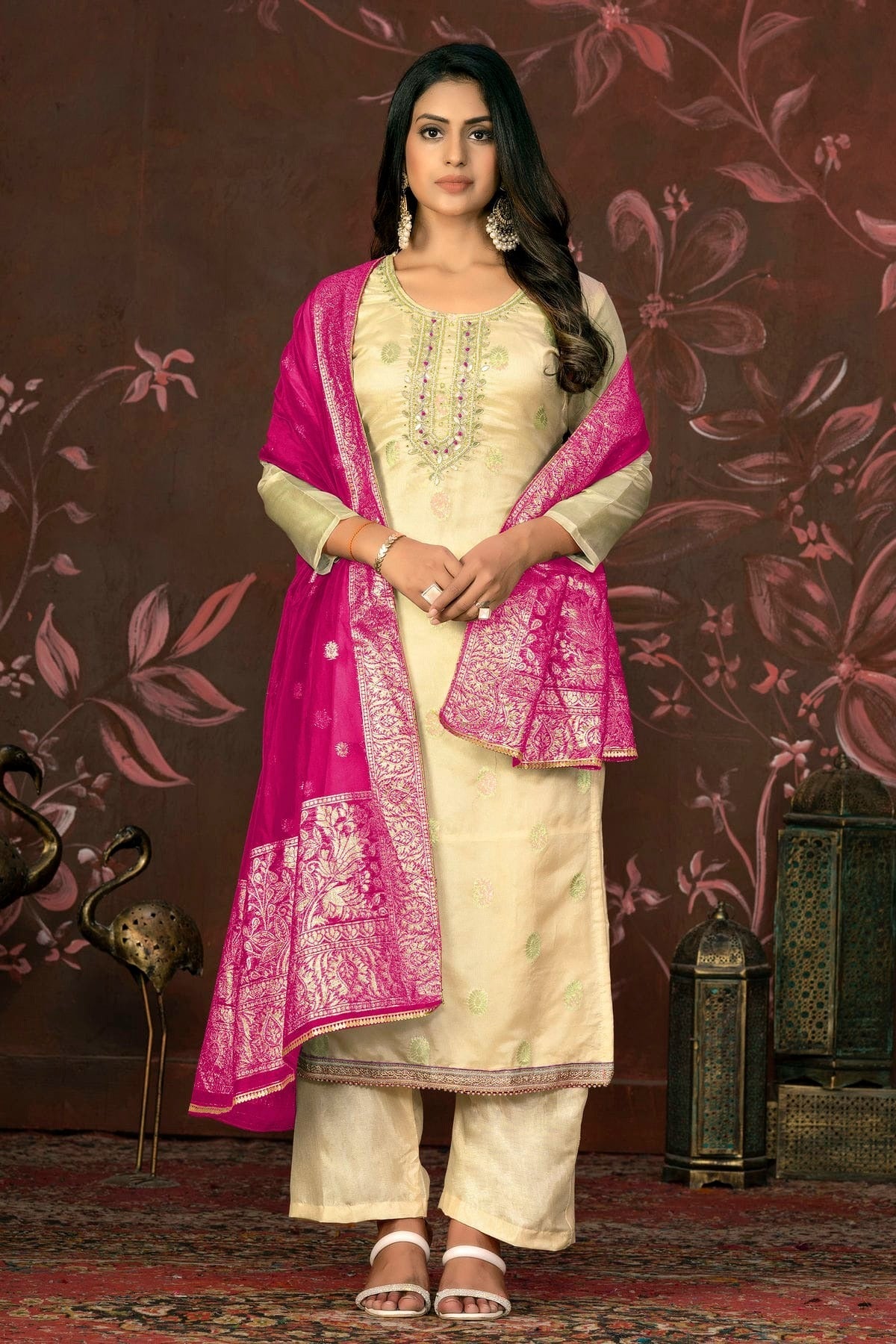 Yellow Colour Unstitched Organza Jacquard Straight Suit US1161269