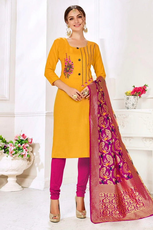 Yellow Colour Unstitched Slub Cotton Churidar Suit US1161172