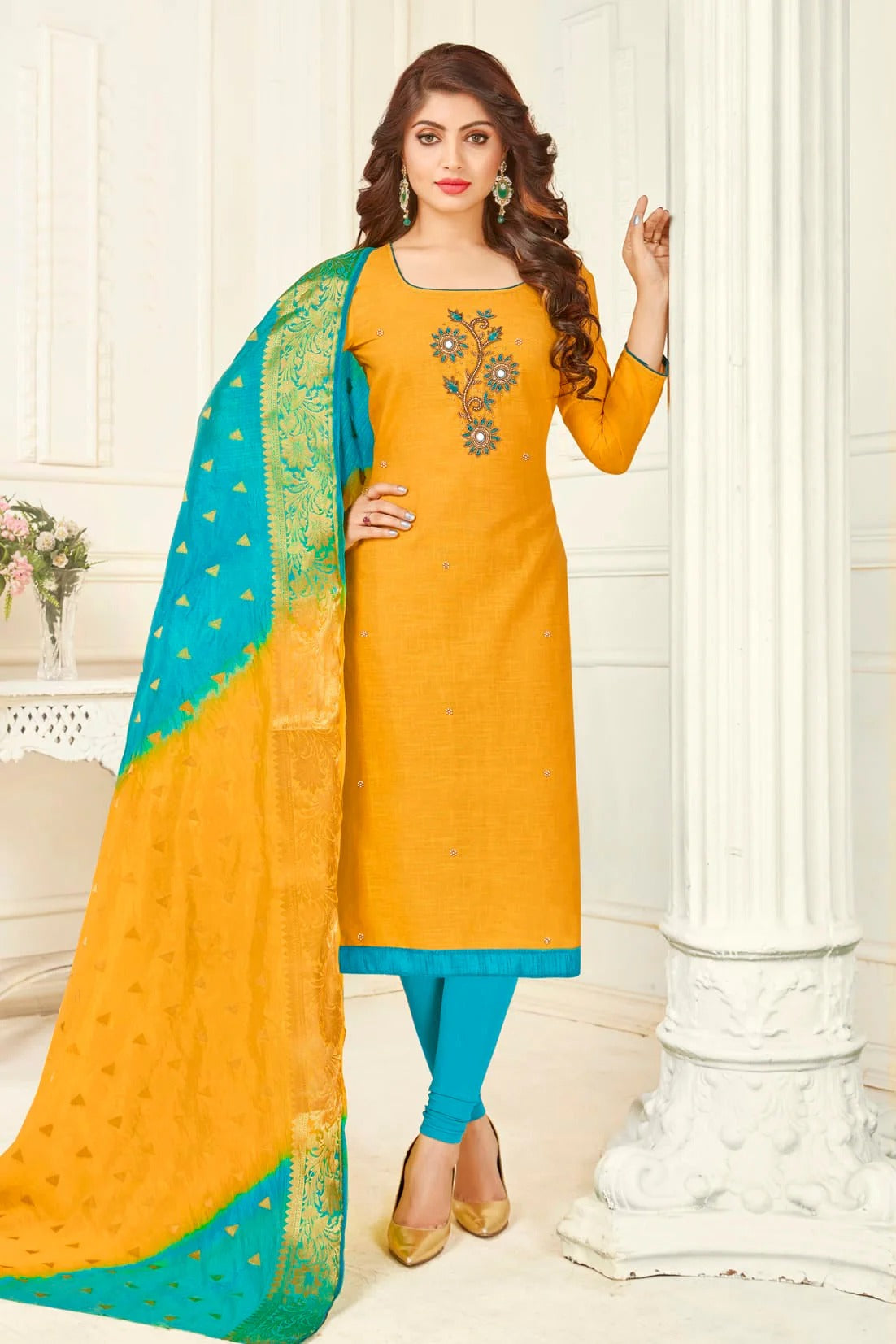 Yellow Colour Unstitched South Slub Cotton Straight Suit US1161149