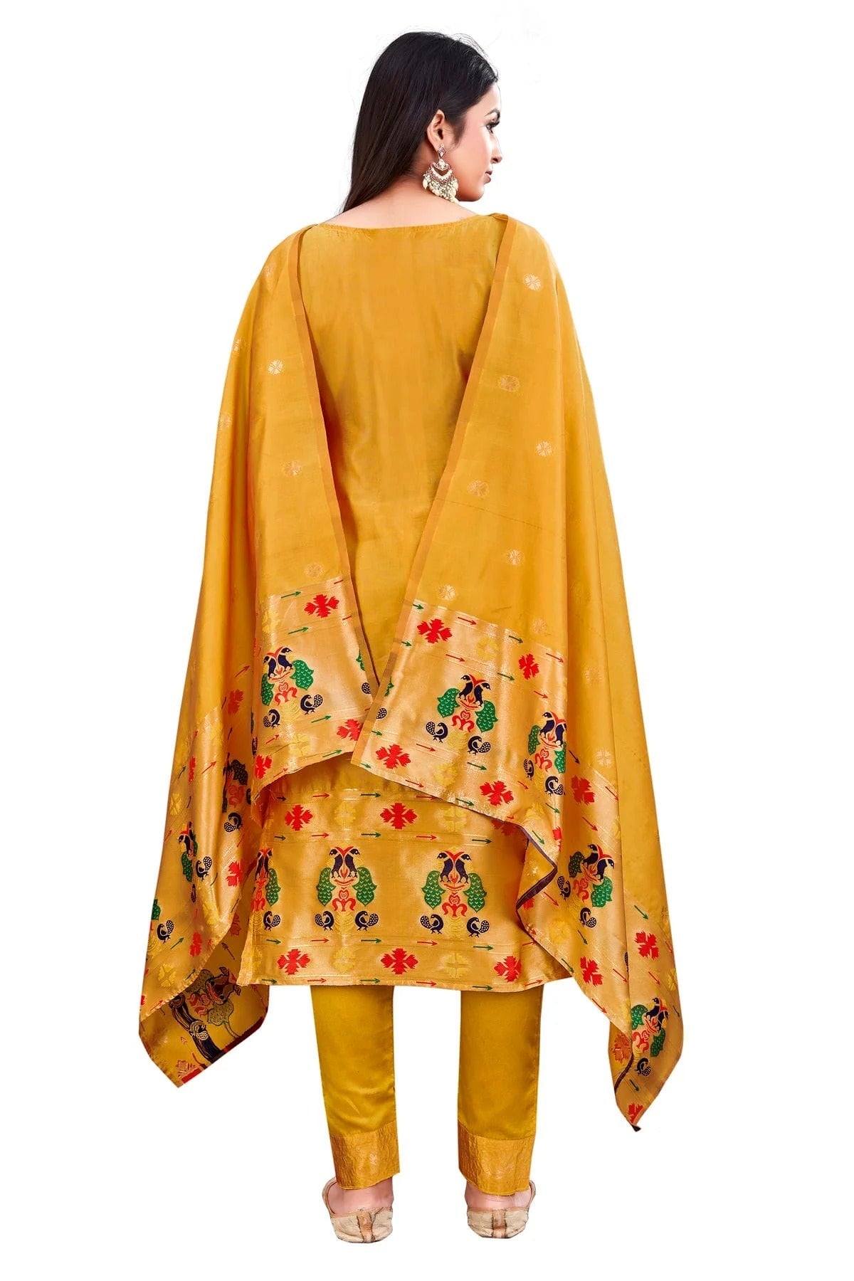 Yellow Colour Unstitched Taffeta Silk Fabric Straight Suit US1161039 A