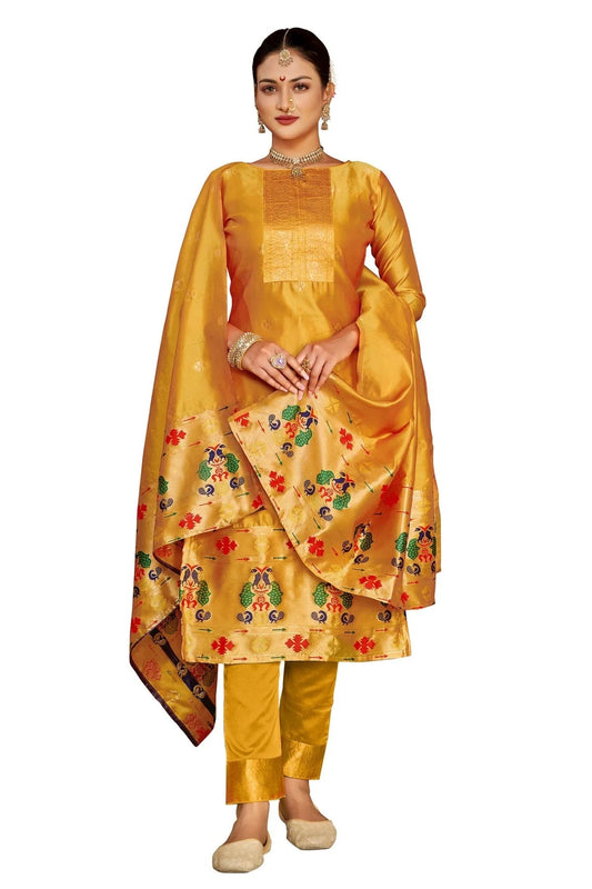 Yellow Colour Unstitched Taffeta Silk Fabric Straight Suit US1161039