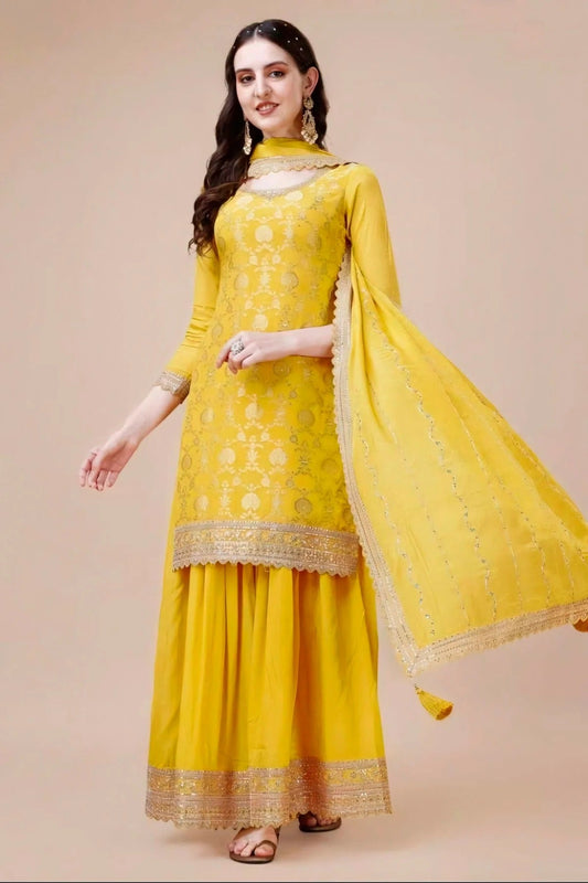 Yellow Colour Viscose Chinon Sharara Suit SM1110726