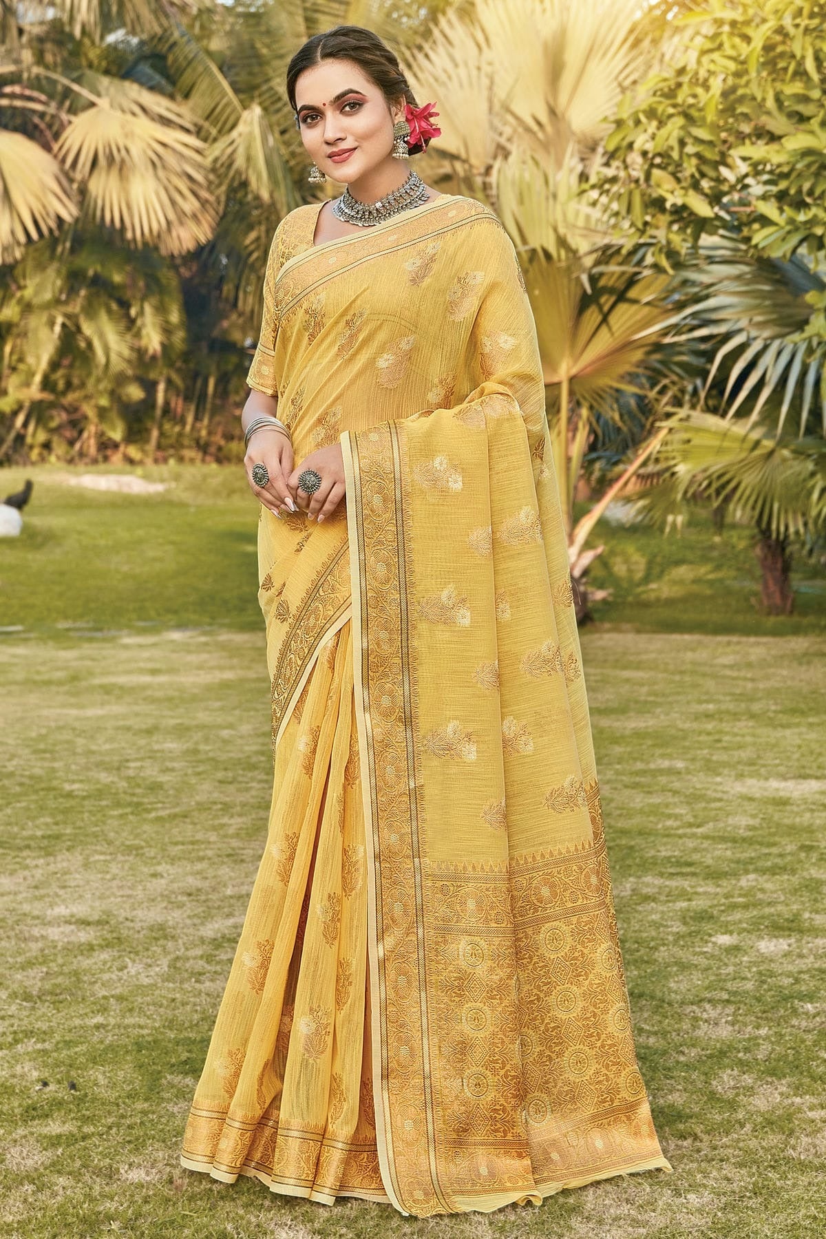 Yellow Colour Woven Work Linen Saree SD1101310