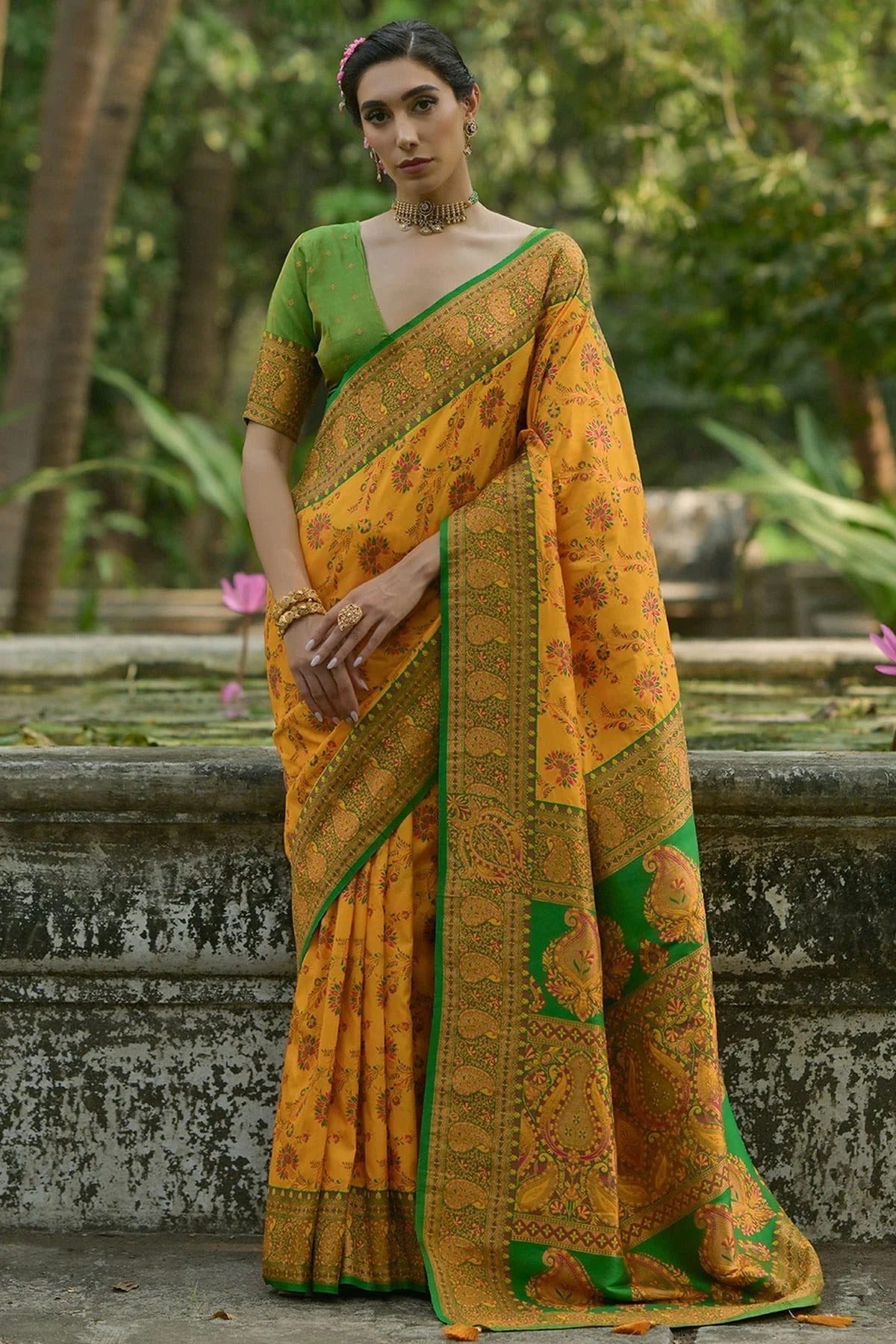 Yellow Colour Woven Work Pashmina Silk Saree SD1260032