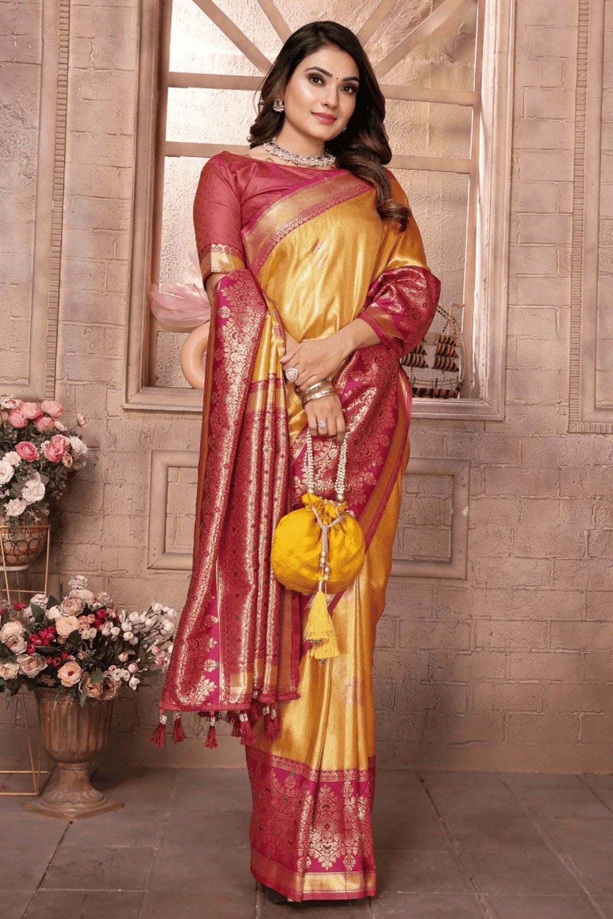 Yellow Colour Woven Work Pure Banarasi Tissue Silk Traditional Saree SD1250291 A