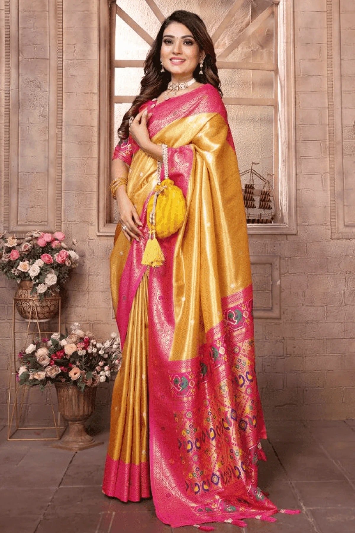 Yellow Colour Woven Work Pure Banarasi Tissue Silk Traditional Saree SD1250334 A