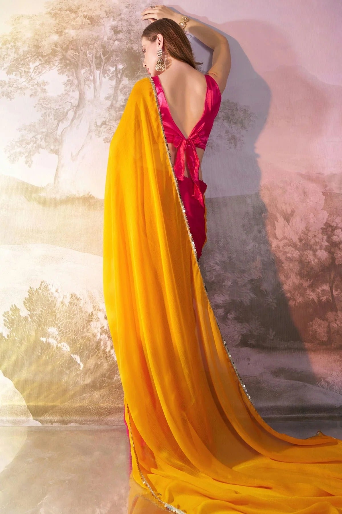 Yellow and Pink Colour Chiffon Saree SD1112750 A
