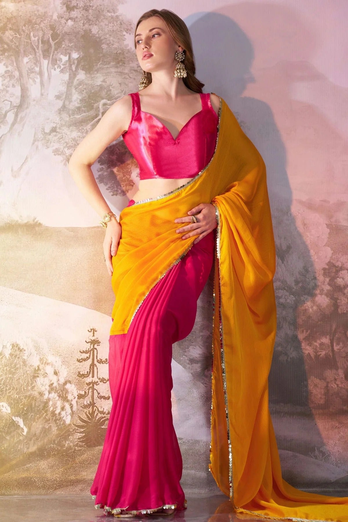 Yellow and Pink Colour Chiffon Saree SD1112750