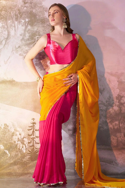 Yellow and Pink Colour Chiffon Saree SD1112750