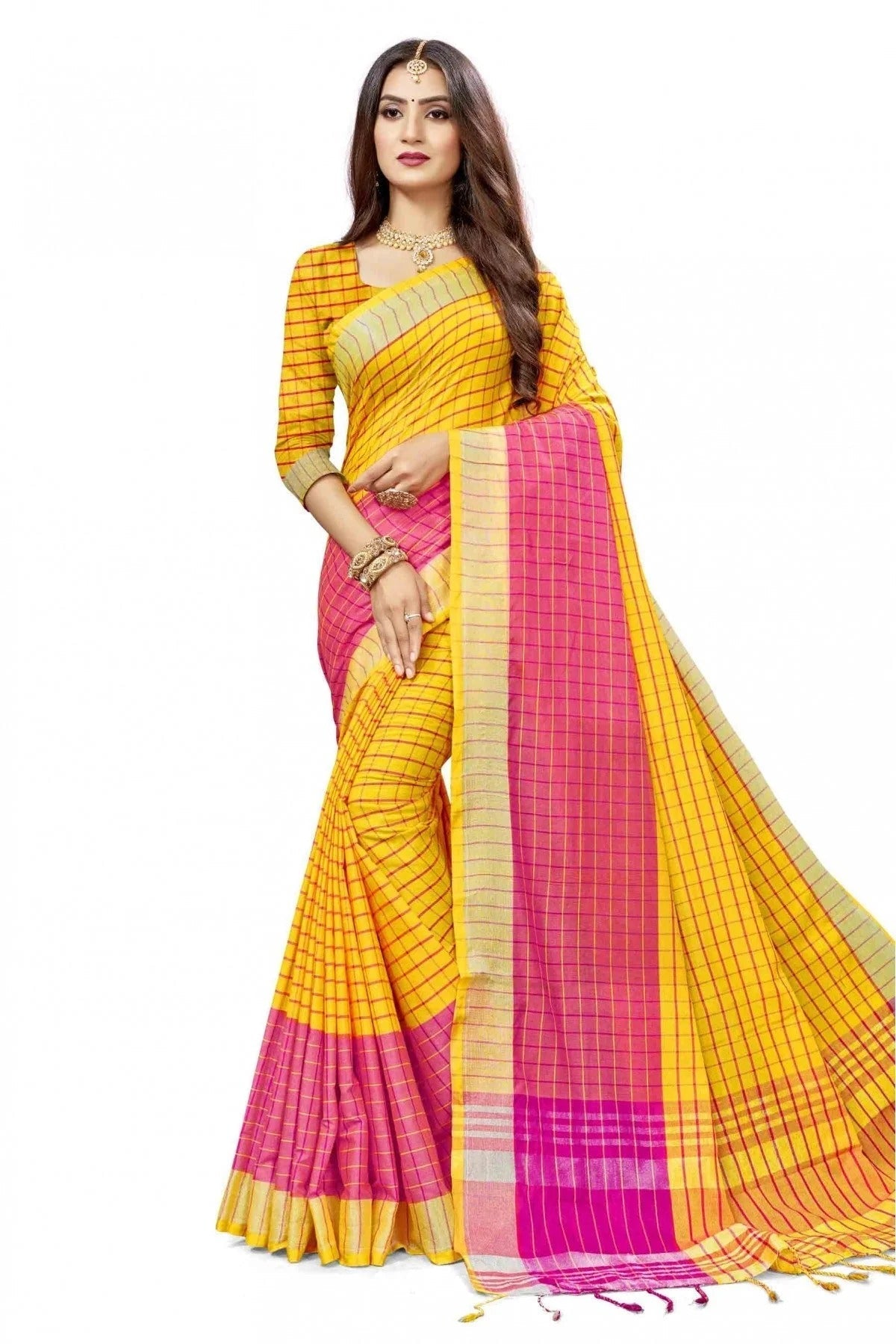 Yellow and Pink Colour Cotton Silk Woven Saree SD1100836