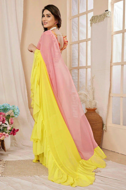 Yellow and Pink Colour Georgette Ruffle Saree SD1180100 A