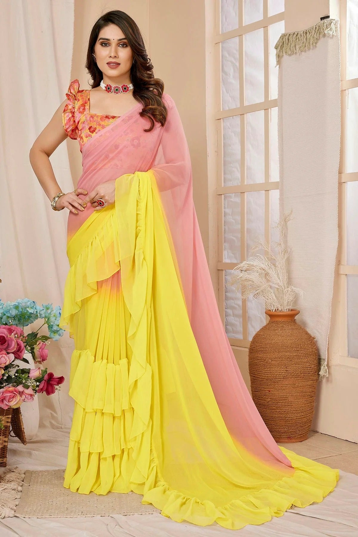 Yellow and Pink Colour Georgette Ruffle Saree SD1180100
