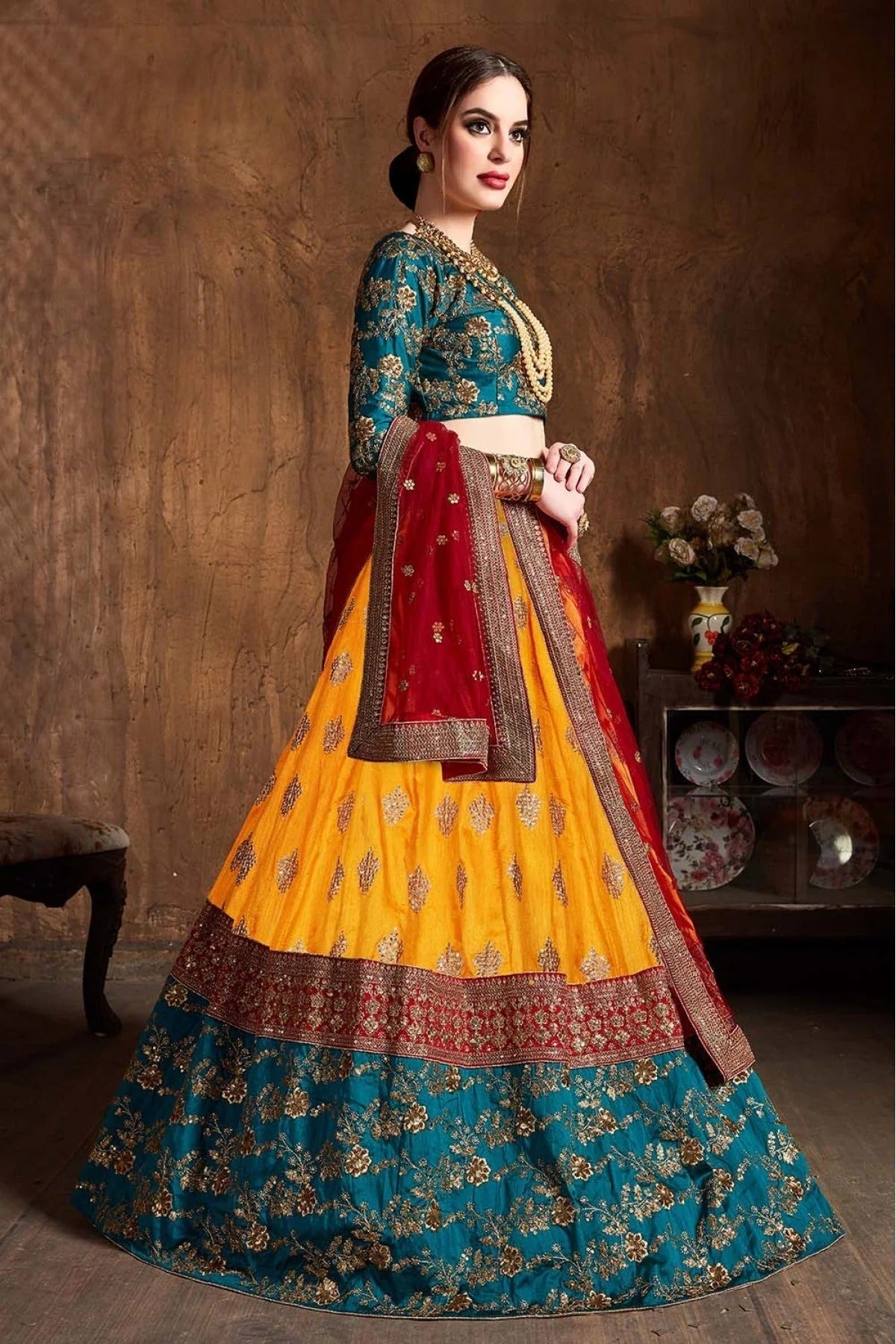 Yellow and Teal Colour Banarasi Silk Lehenga Choli LC1010074 A