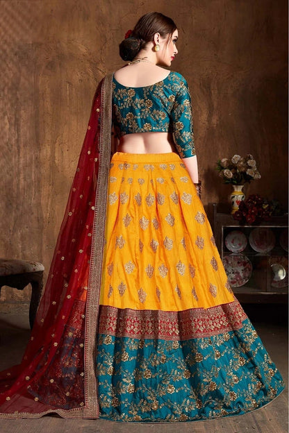 Yellow and Teal Colour Banarasi Silk Lehenga Choli LC1010074 B