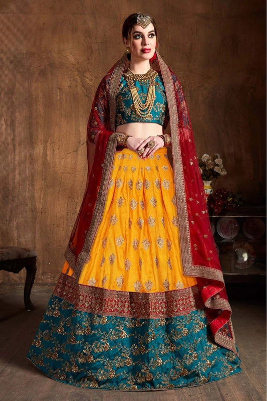 Yellow and Teal Colour Banarasi Silk Lehenga Choli LC1010074