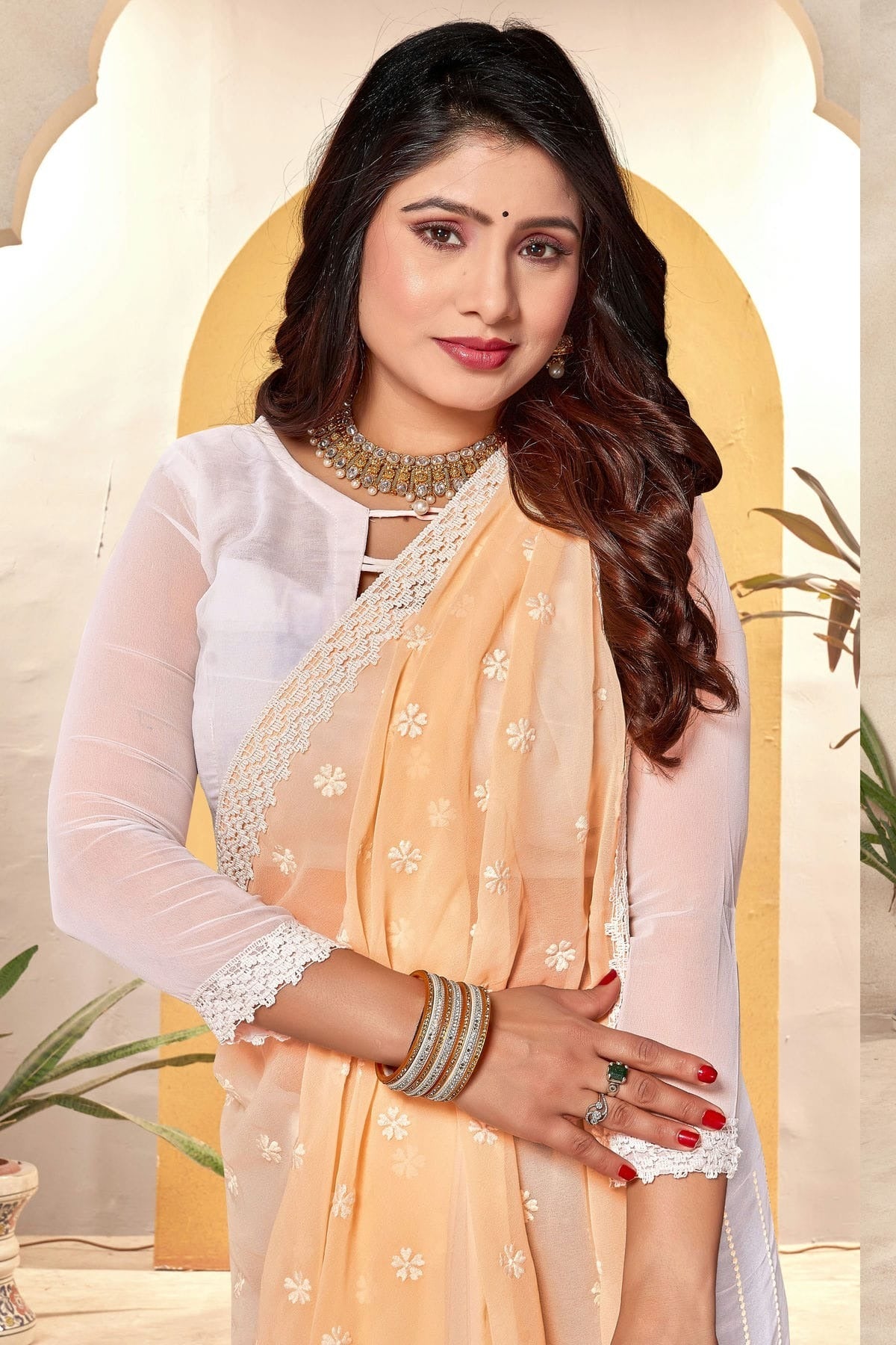 Yellow and White Colour Georgette Half N Half Saree SD1091062 A