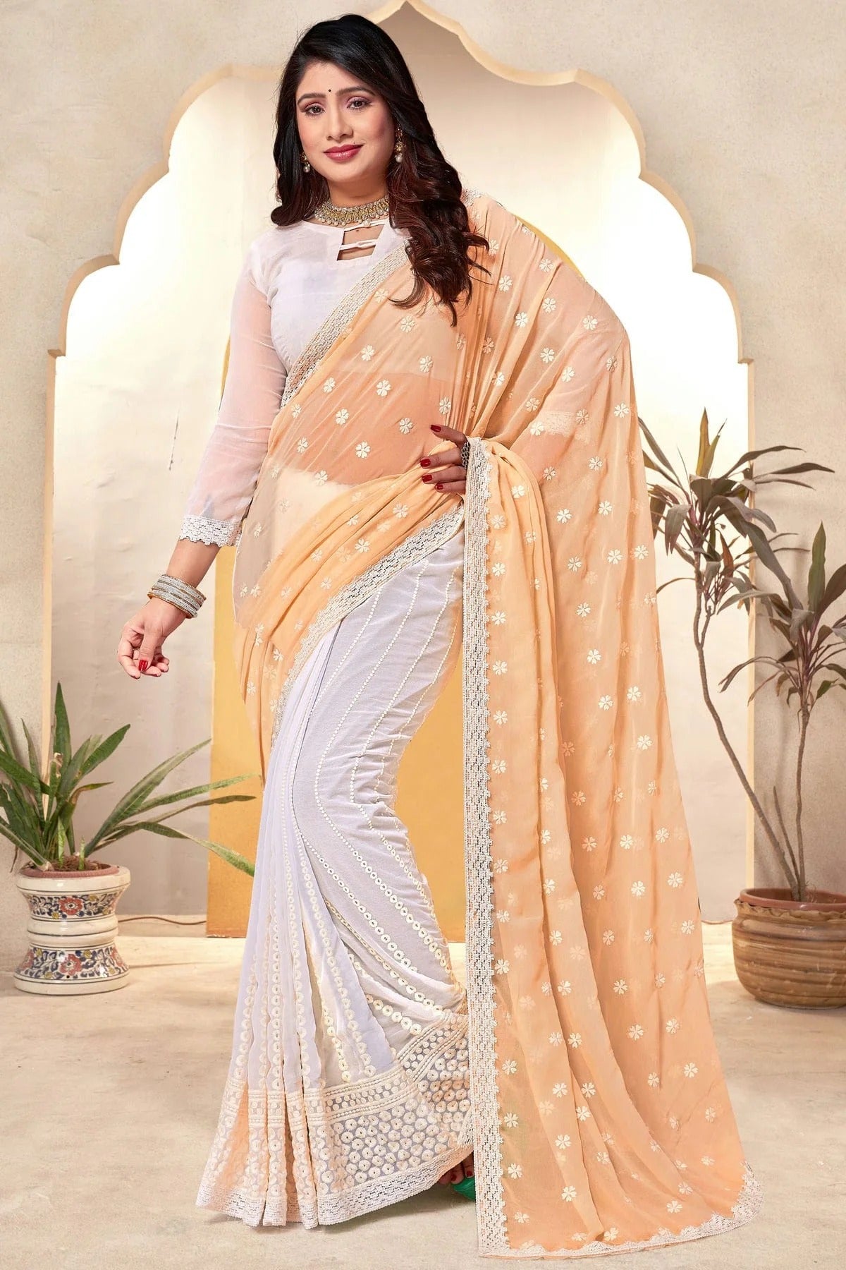Yellow and White Colour Georgette Half N Half Saree SD1091062