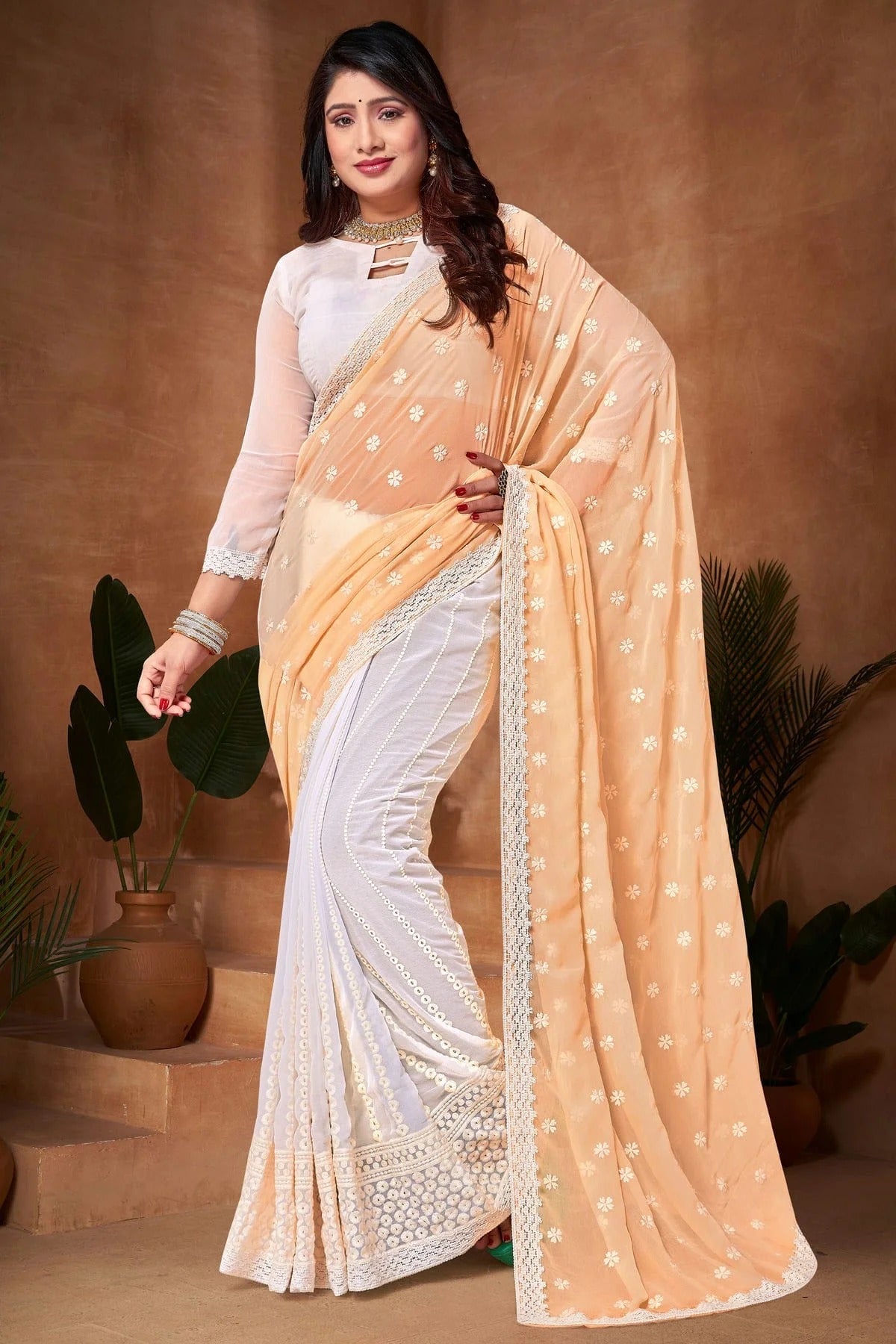 Yellow and White Colour Georgette Half N Half Saree SD1091188