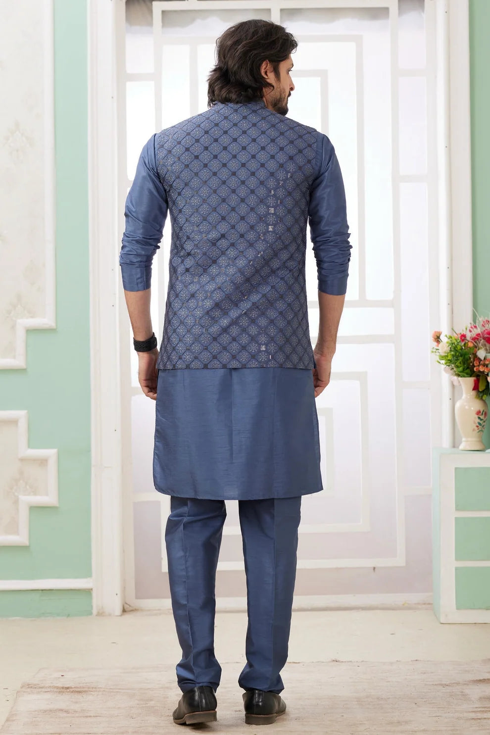 Art Silk Embroidery Pintux Work Father and Son Combo In Dark Grey Colour