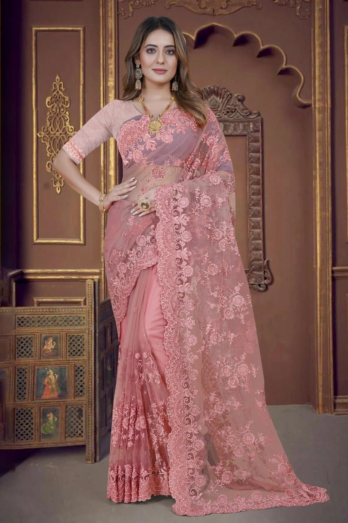 pink colour net saree sd1090909