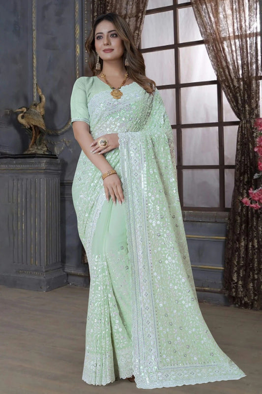 pista green colour georgette saree sd1090883