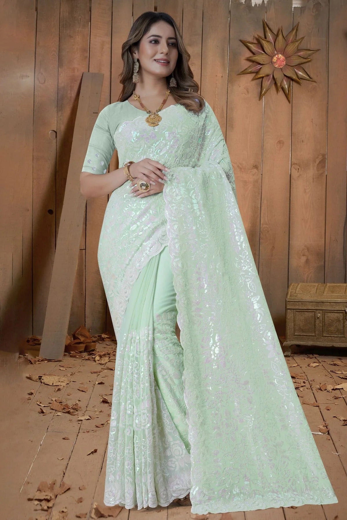 pista green colour georgette saree sd1090889