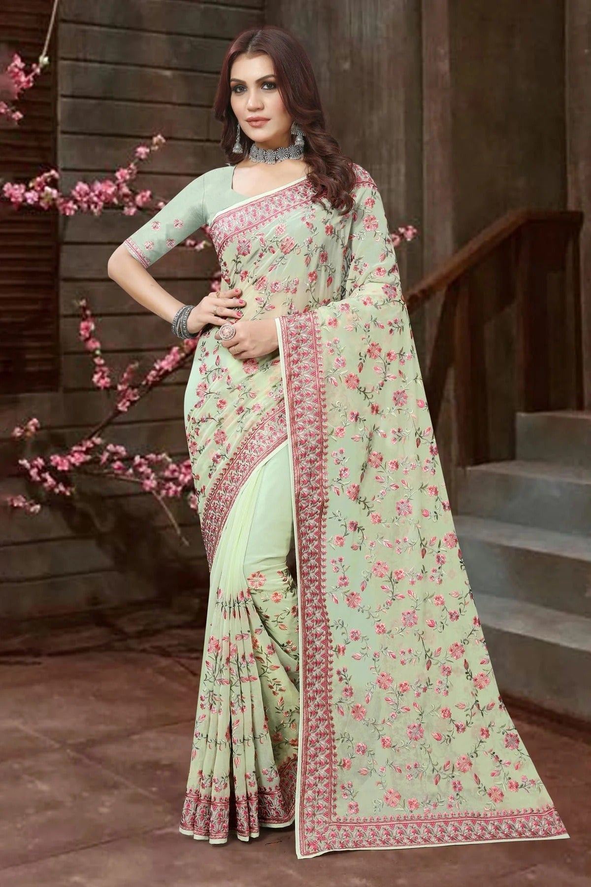 pista green colour georgette saree sd1090919