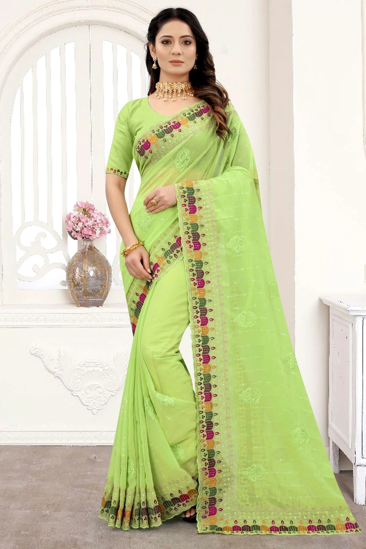 pista green colour georgette saree sd1090933