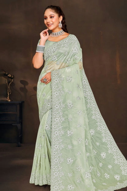 pista green colour organza saree sd1090954