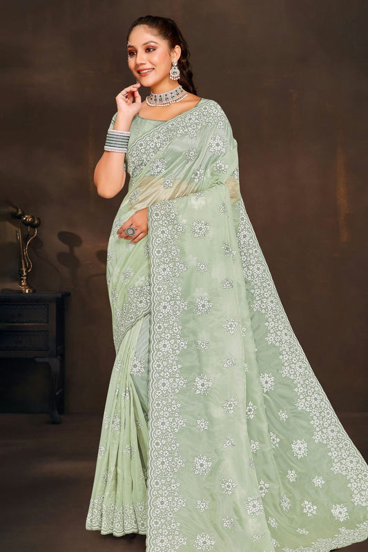 pista green colour organza saree sd1090954