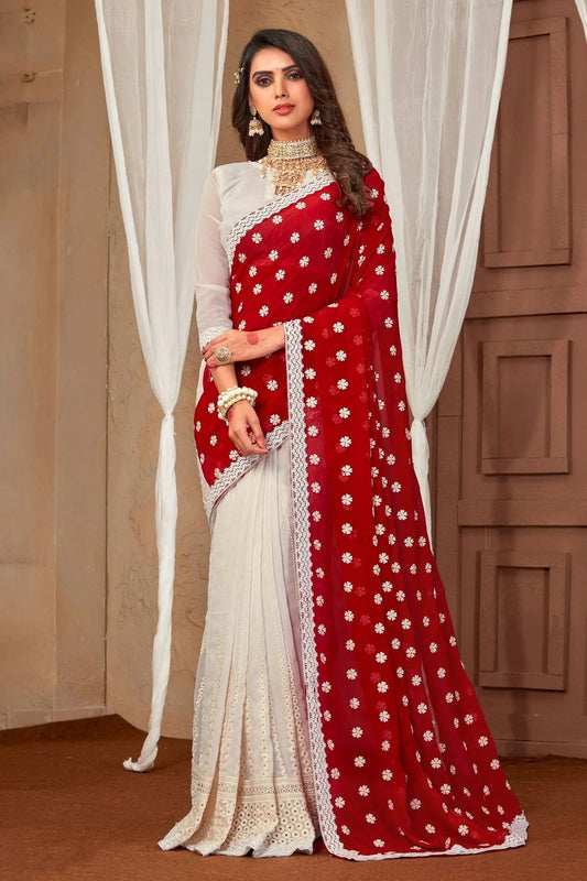 red and white colour georgette saree sd1090913
