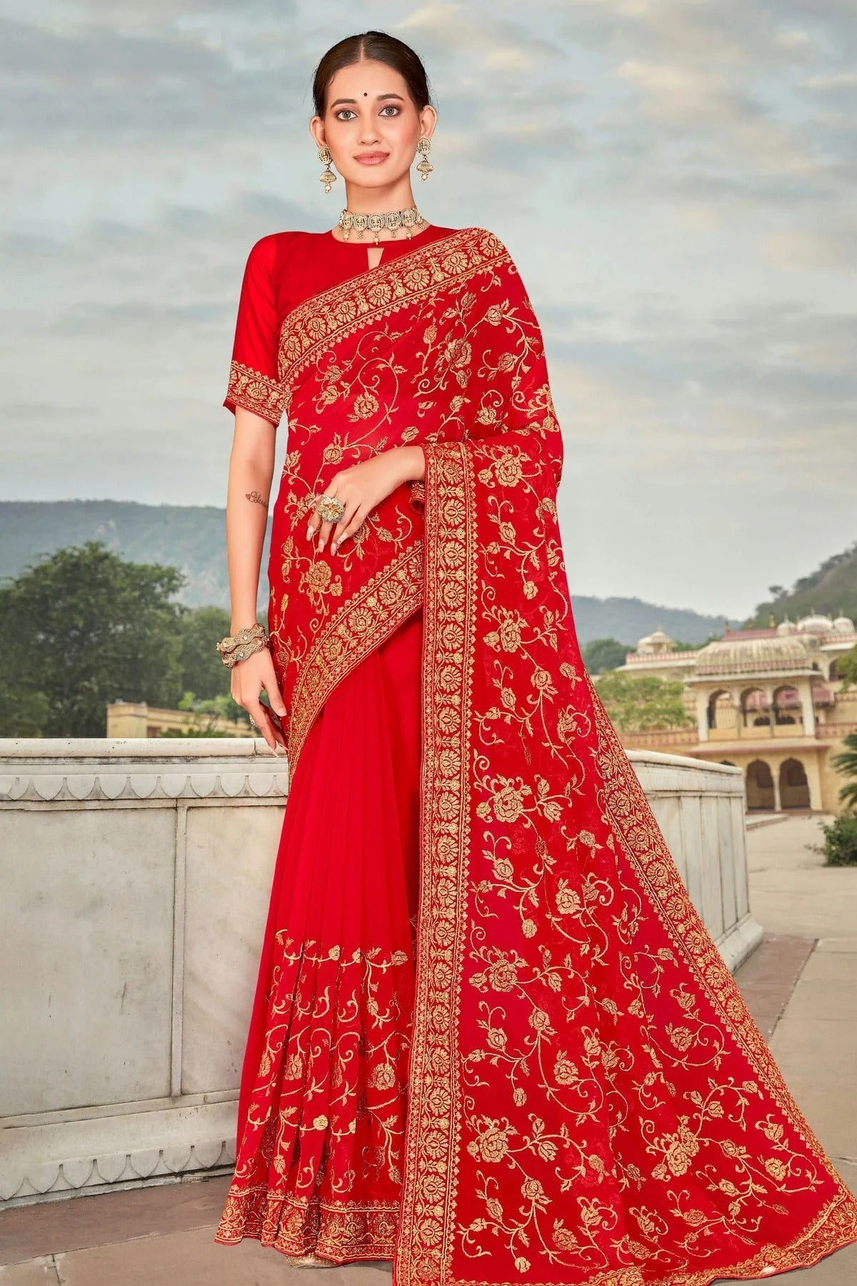 red colour georgette saree sd1090823