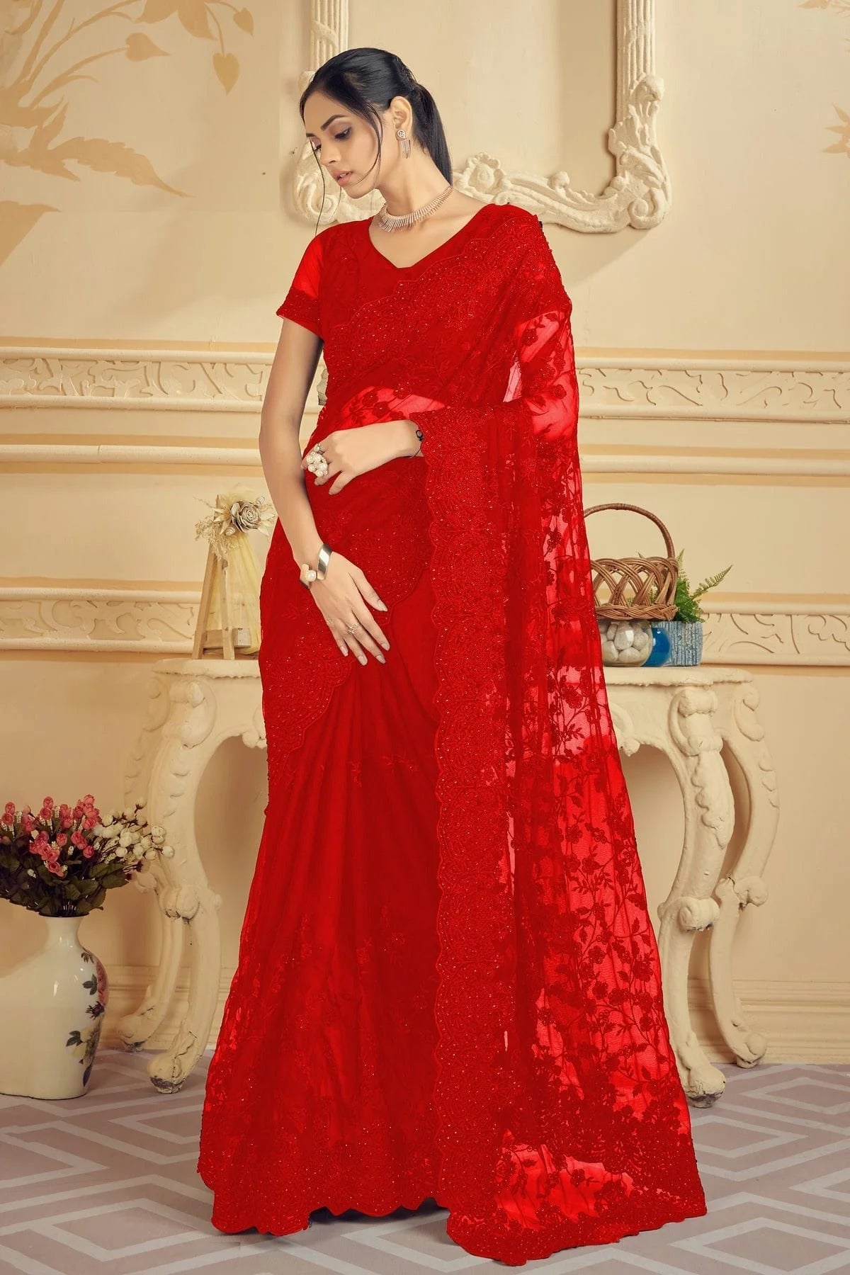 red colour net saree sd1090730