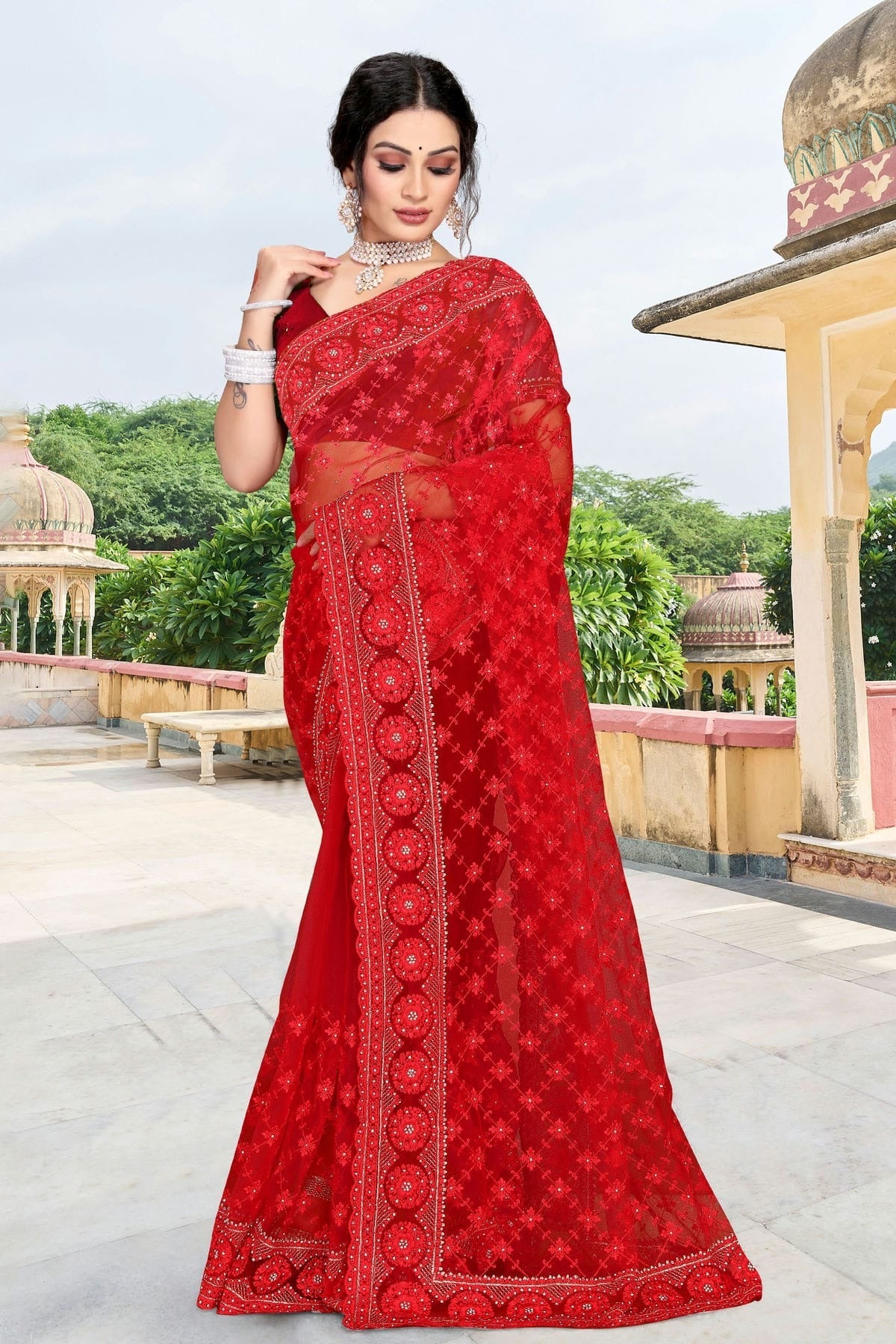 red colour net saree sd1090742